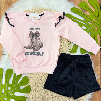Conj. Blusão de Moletom Cowgirls e Short de Veludo com Laço - Rosa e Preto